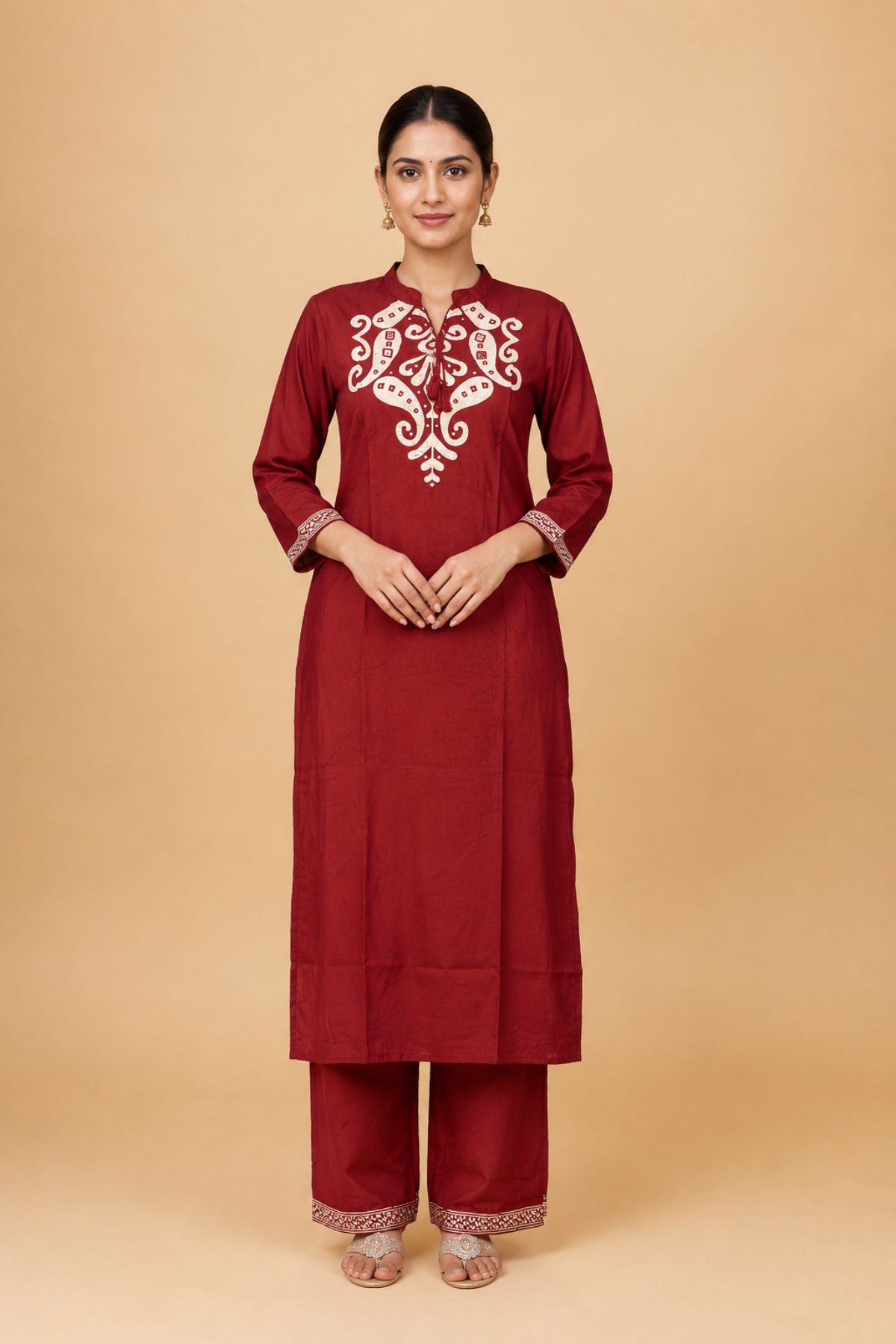 Women's Maroon Embroidered Straight Kurta Pant Set (2 Piece Set)