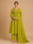 Women's Olive Green Embroidered Kurta Pant Set with Dupatta
