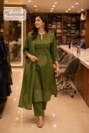 Women's Pure Cotton Mehndi Green Printed Kurta Pant Dupatta Set (3-Piece Set)