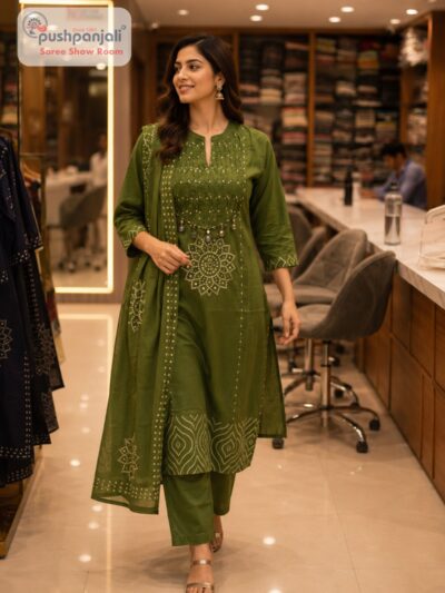 Women's Pure Cotton Mehndi Green Printed Kurta Pant Dupatta Set (3-Piece Set)