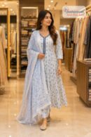 Women's White & Powder Blue Floral Printed Anarkali Kurta Pant Dupatta Set (3-Piece Set)