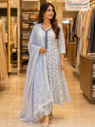 Women's White & Powder Blue Floral Printed Anarkali Kurta Pant Dupatta Set (3-Piece Set)
