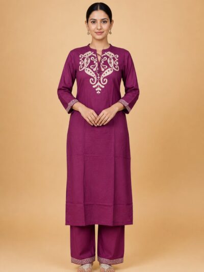 Women's Purple Embroidered Straight Kurta Pant Set (2 Piece Set)
