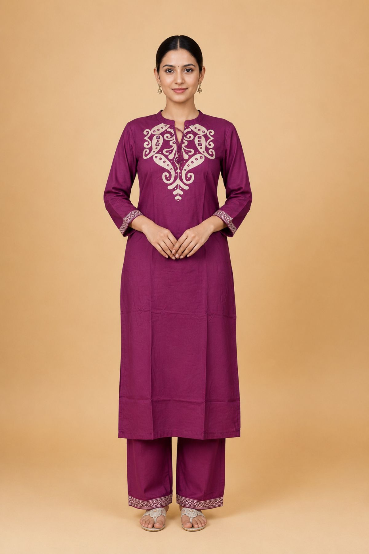 Women's Purple Embroidered Straight Kurta Pant Set (2 Piece Set)