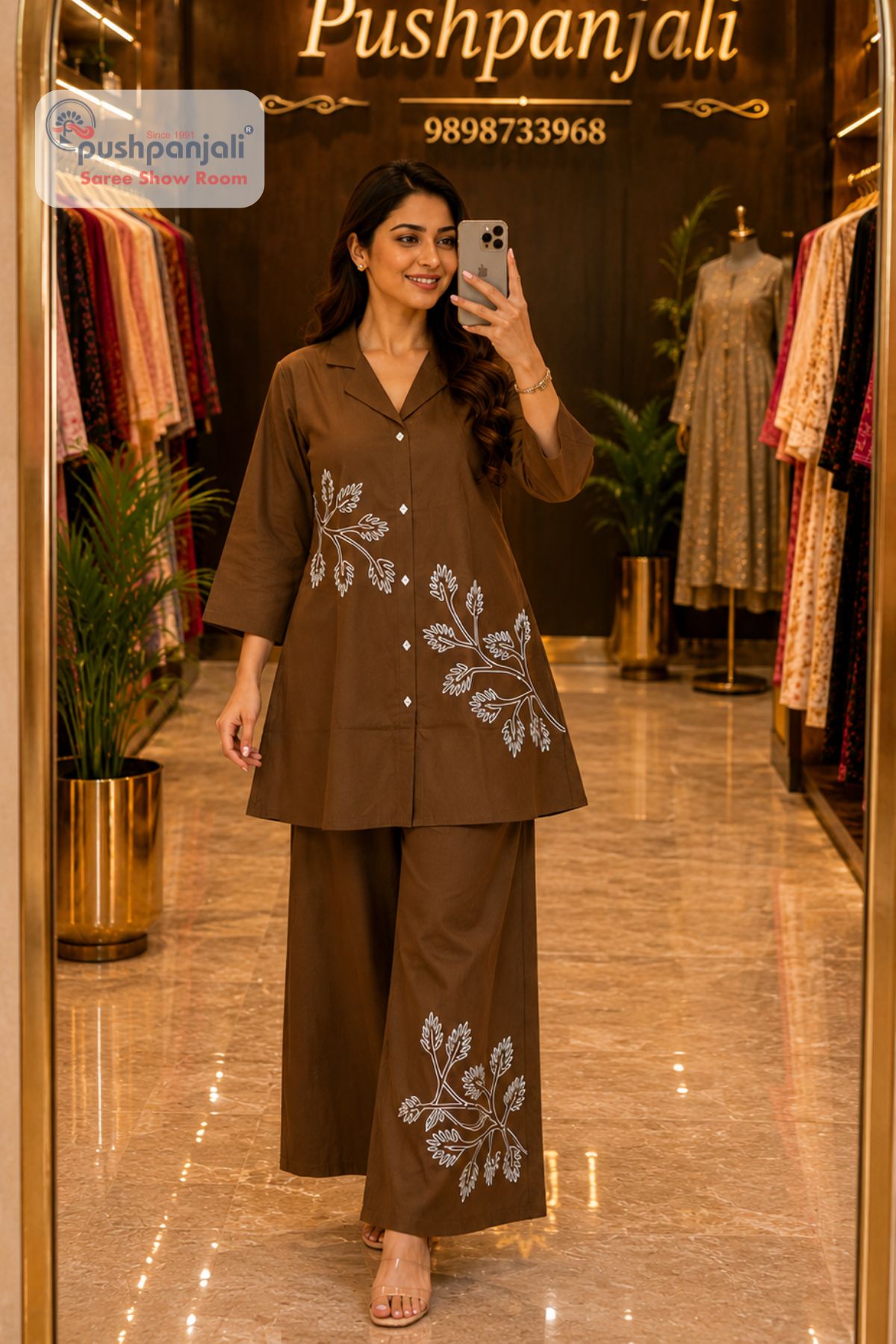 Coffee Brown Leaf Embroidered Co-Ord Set - Image 2
