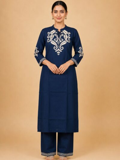 Women's Navy Blue Embroidered Straight Kurta Pant Set (2 Piece Set)