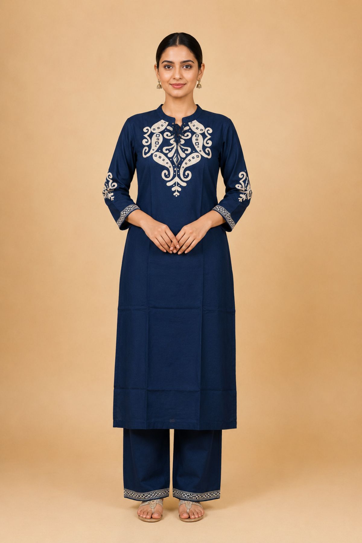 Women's Navy Blue Embroidered Straight Kurta Pant Set (2 Piece Set)