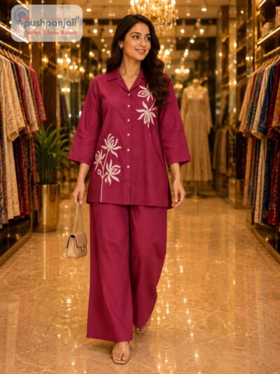 Wine Pink Floral Printed Cotton Co-Ord Set