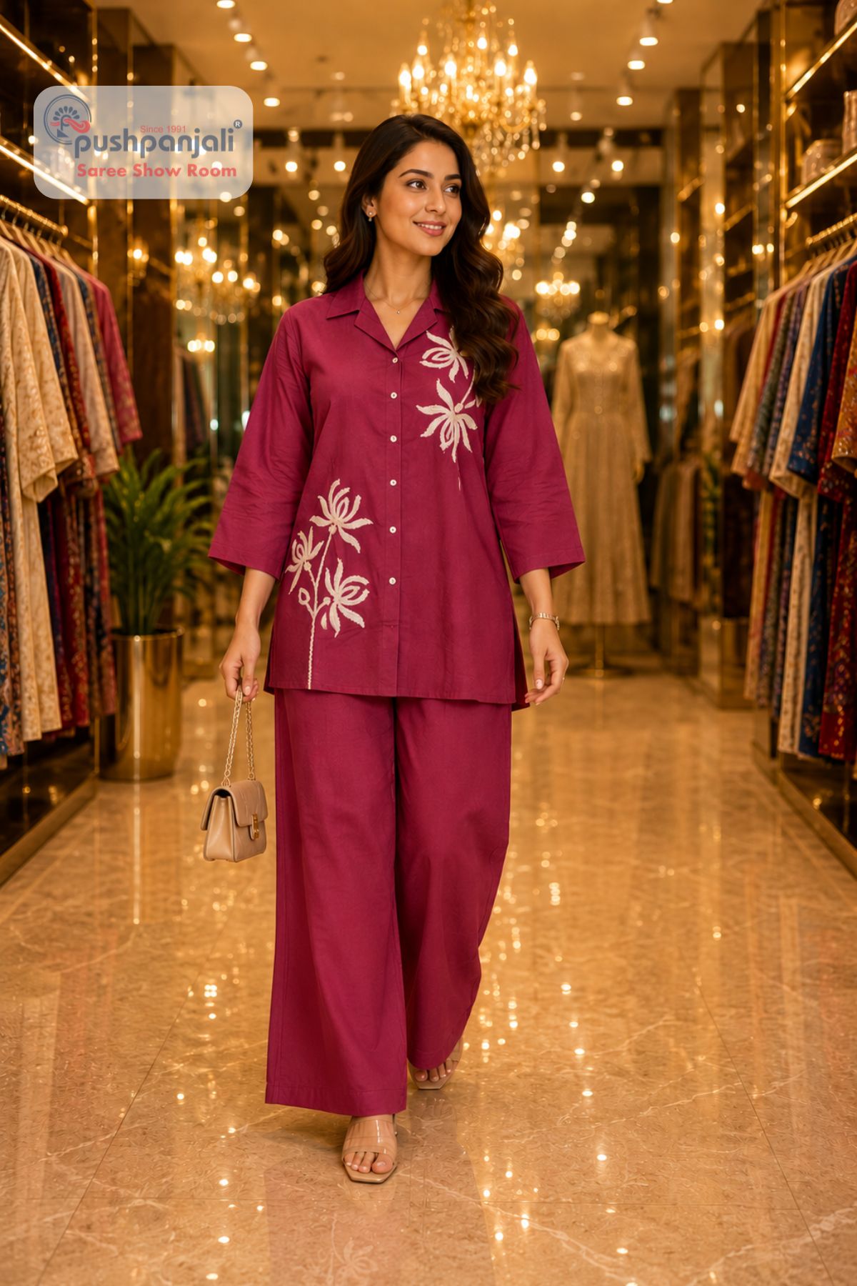 Wine Pink Floral Printed Cotton Co-Ord Set