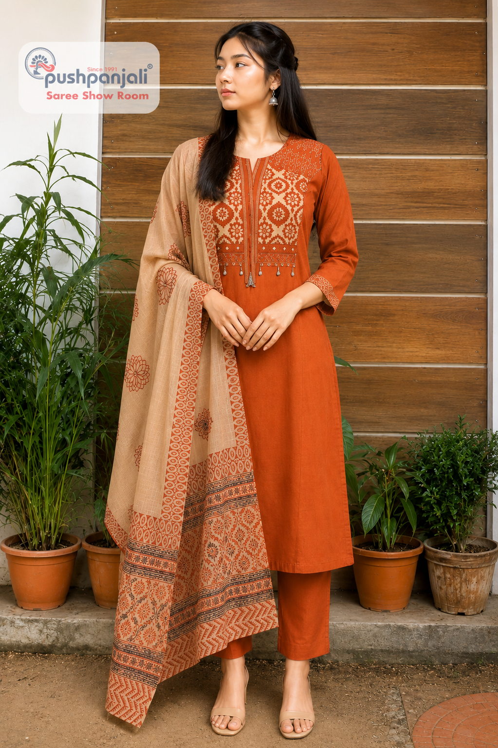 Women's Rust Orange Printed Cotton Kurta Pant Dupatta Set - Image 2