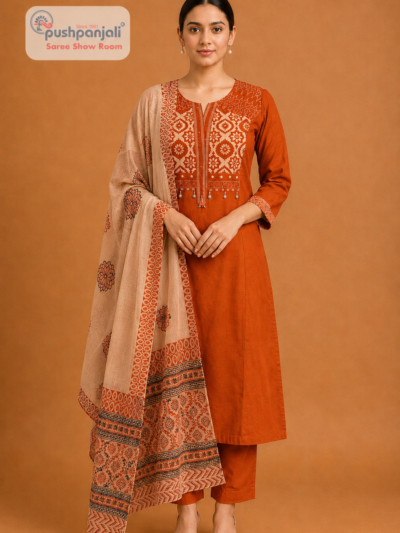 Women's Rust Orange Printed Cotton Kurta Pant Dupatta Set