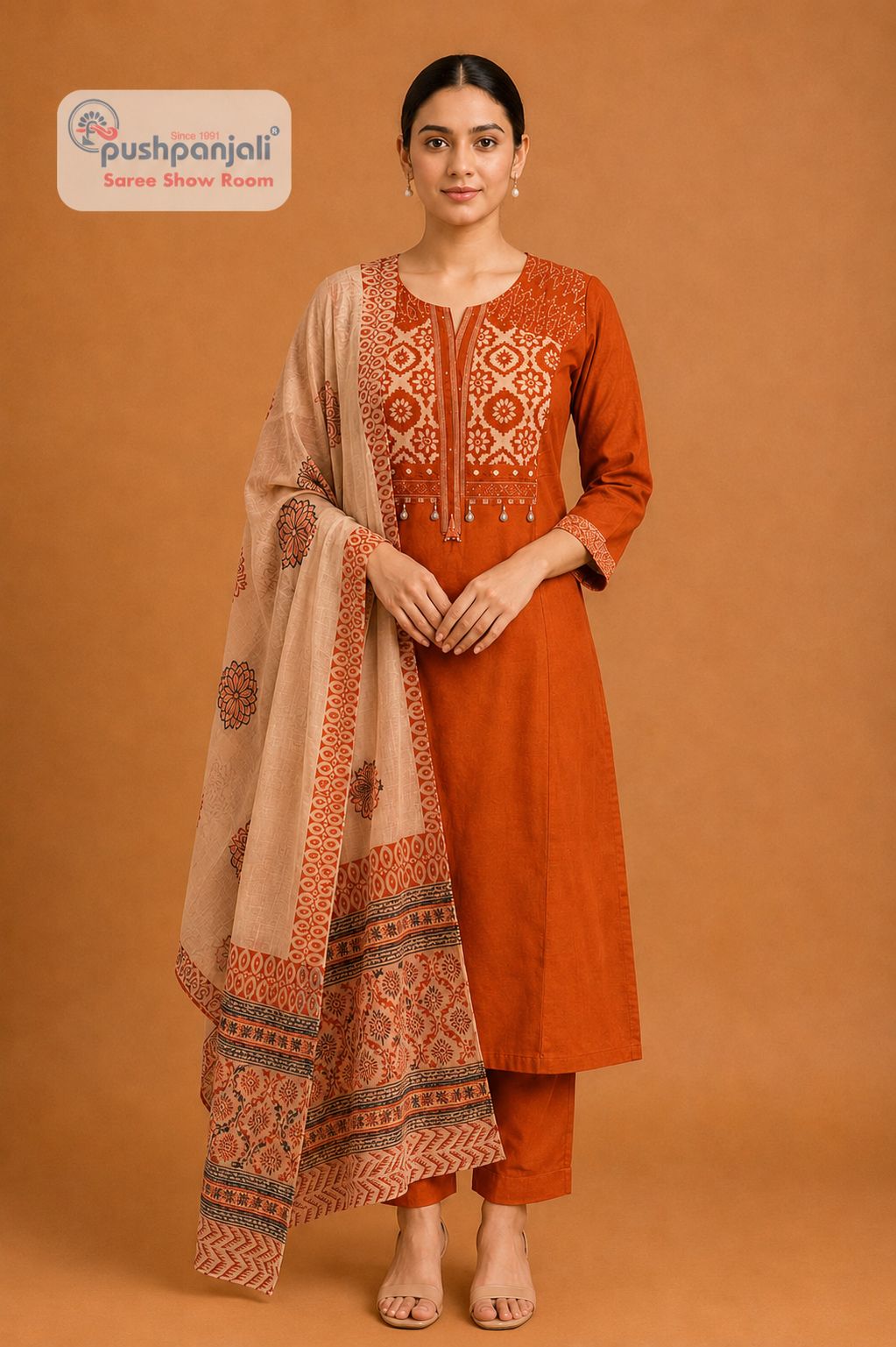Women's Rust Orange Printed Cotton Kurta Pant Dupatta Set