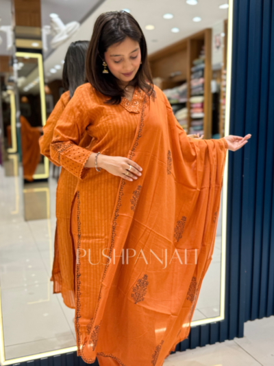 Women's Rust Orange Printed Kurta Pant with Dupatta Set