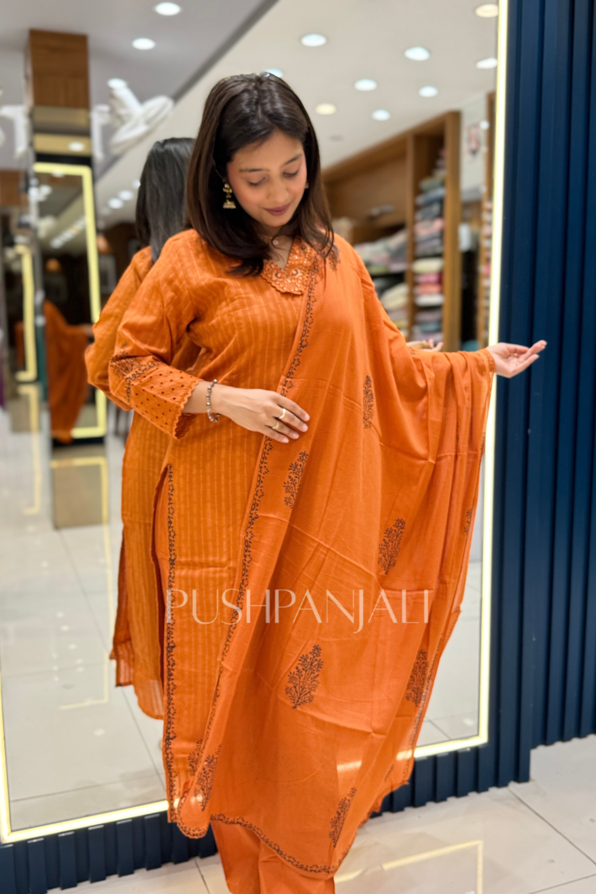 Women's Rust Orange Printed Kurta Pant with Dupatta Set