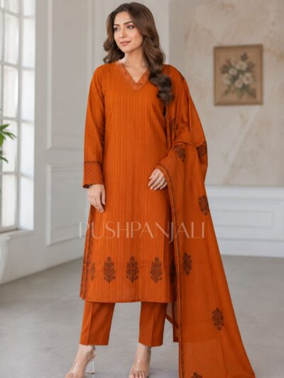 Women's Rust Orange Printed Kurta Pant with Dupatta Set