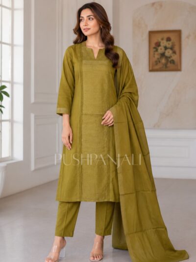 Women's Olive Green Premium Kurta Pant Dupatta Set