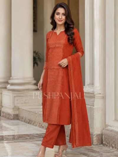 Women's Rust Orange Premium Kurta Pant Dupatta Set