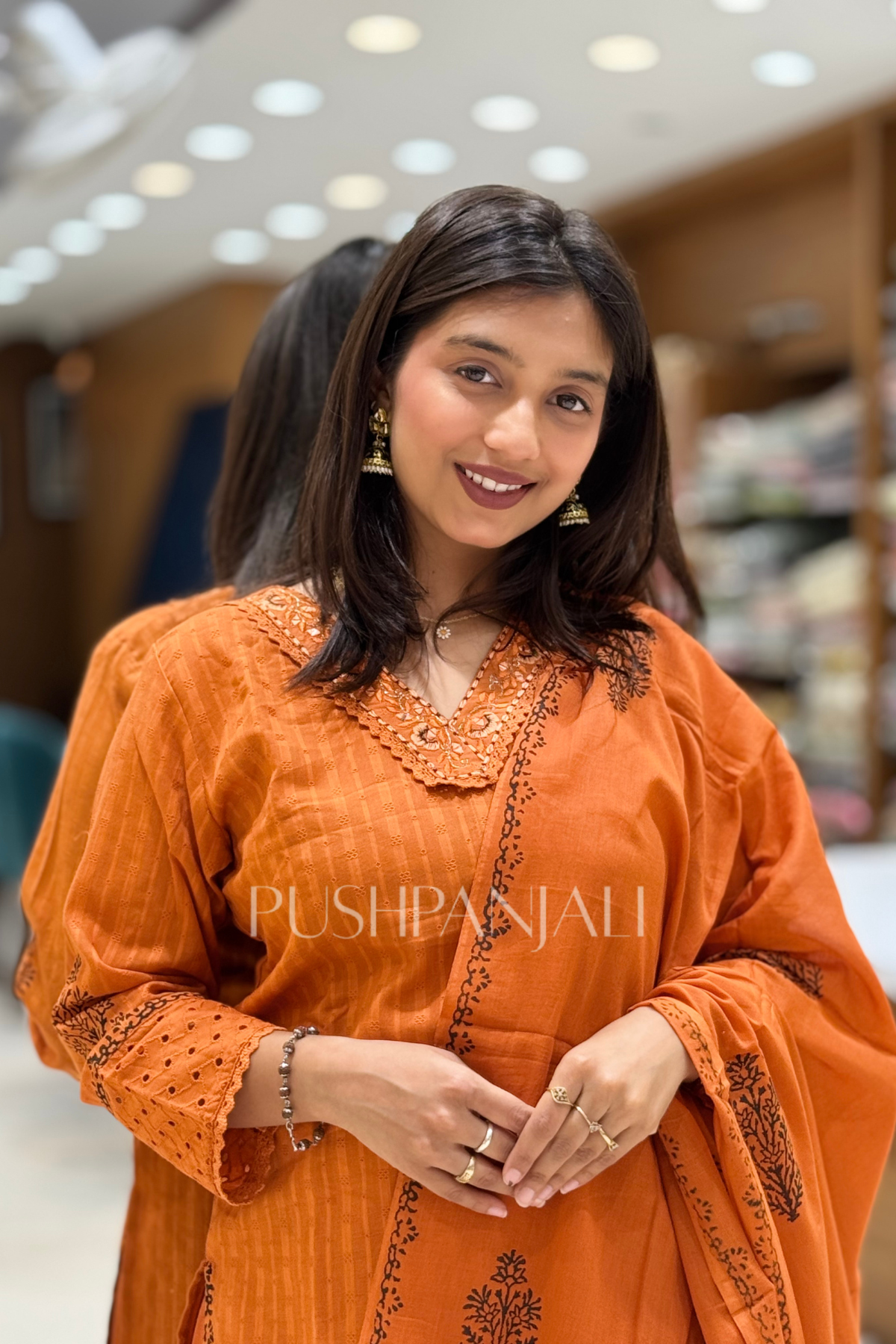 Women's Rust Orange Printed Kurta Pant with Dupatta Set - Image 2