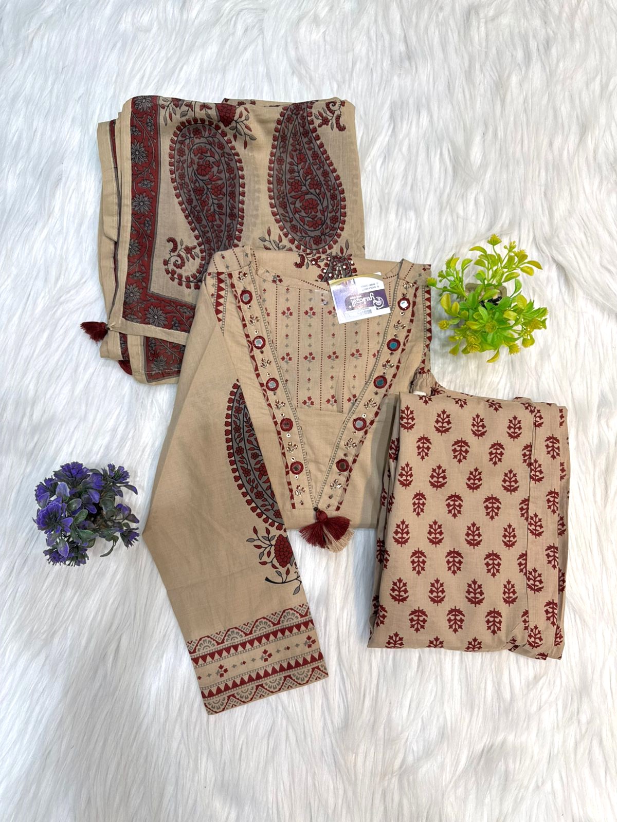 Beige Paisley Printed Pure Cotton A-Line Kurti Pant Dupatta Set - Image 2