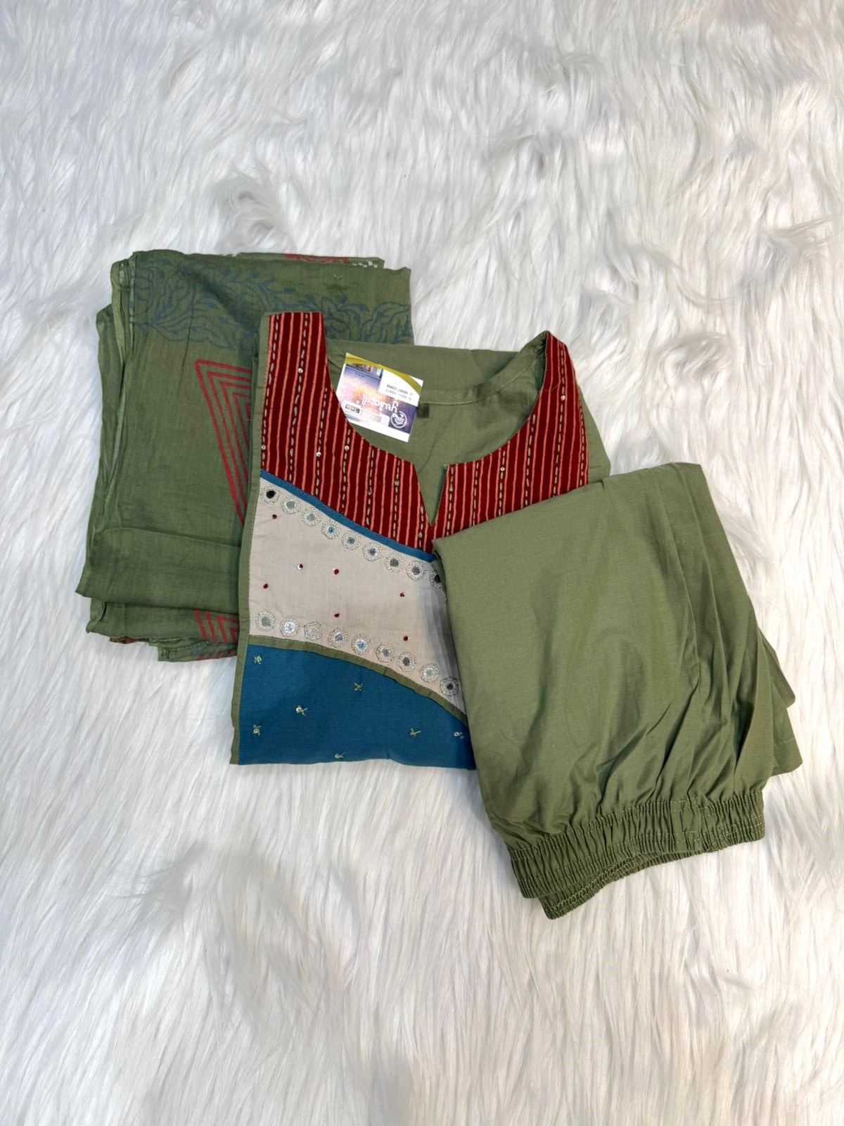 Olive Green Pure Cotton A-Line Kurti Pant Dupatta Set - Image 2