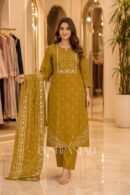 Mustard Yellow Cotton Straight Kurta Pant Set with Printed Dupatta for Women