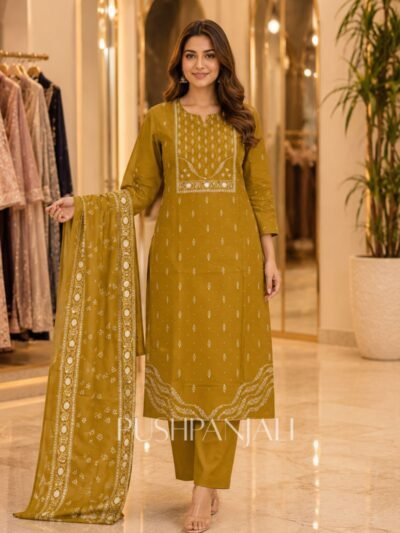 Mustard Yellow Cotton Straight Kurta Pant Set with Printed Dupatta for Women