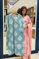 Premium Sky Blue Cotton Printed Kurta Pant Set with Dupatta for Women
