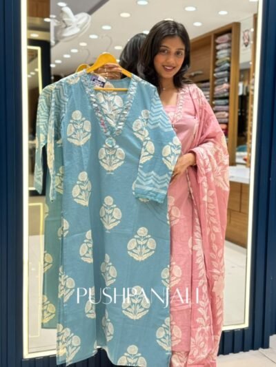 Premium Sky Blue Cotton Printed Kurta Pant Set with Dupatta for Women