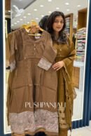 Coffee Brown Chanderi Silk Pintuck A-Line Kurta Set with Embroidered Borders