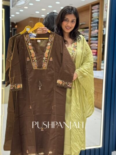Coffee Brown Chanderi Silk Floral Embroidered Straight Kurta Set