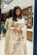 Ivory Cream Cotton Silk Kashmiri Floral Embroidered Straight Kurta Set with Dupatta