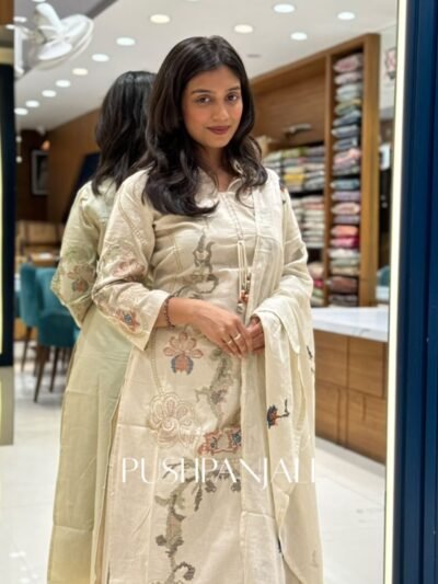 Ivory Cream Cotton Silk Kashmiri Floral Embroidered Straight Kurta Set with Dupatta