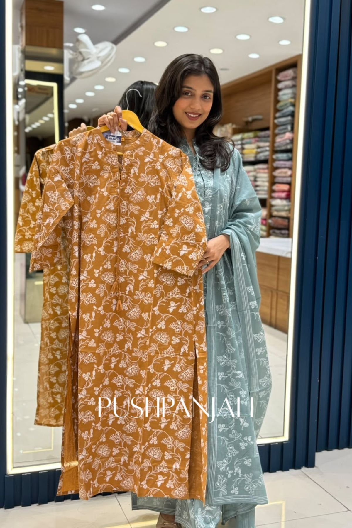 Mustard Ochre Cotton Floral Printed Straight Kurta Pant Set with Dupatta