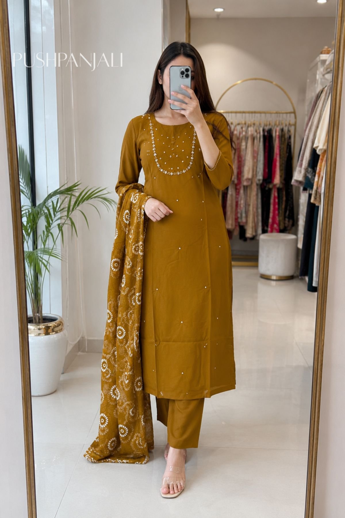 Mustard Cotton Kurta Pant Set with Printed Dupatta for Women - Image 2