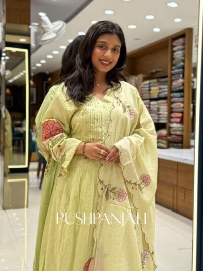 Lime Green Cotton Anarkali Kurta Set with Scalloped Embroidered Dupatta