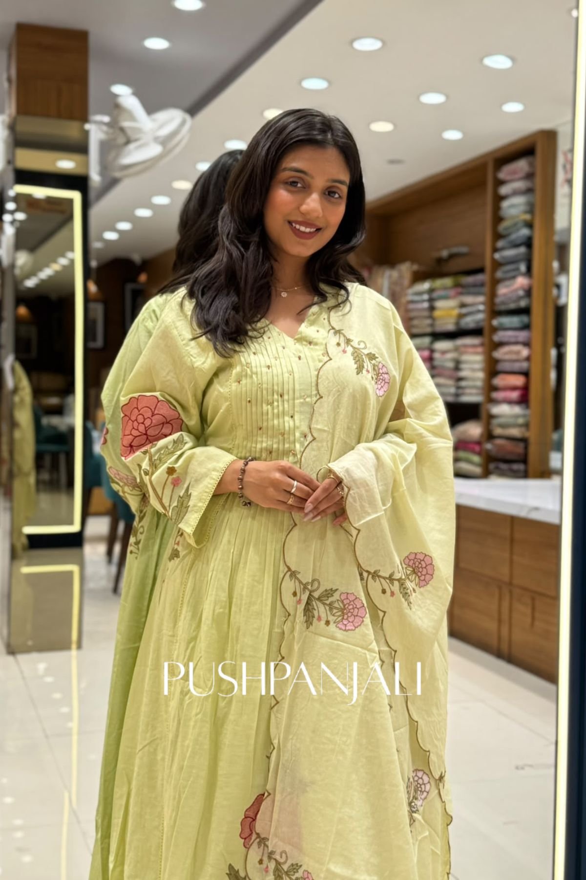 Lime Green Cotton Anarkali Kurta Set with Scalloped Embroidered Dupatta