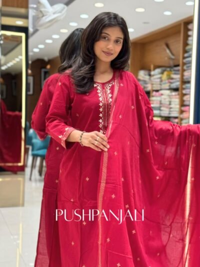 Premium Cotton Embroidered Kurta Set with Dupatta – Crimson Red