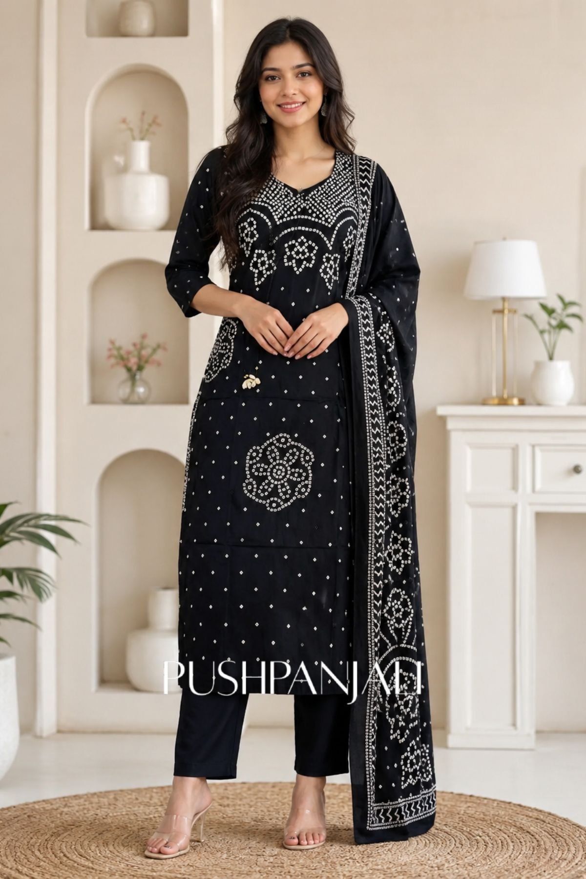 Premium Black Cotton Printed Kurta Pant Set with Dupatta for Women
