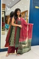 Maroon & Bottle Green Cotton Anarkali Kurta Pant Set with Bandhani Print Dupatta