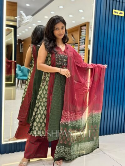 Maroon & Bottle Green Cotton Anarkali Kurta Pant Set with Bandhani Print Dupatta