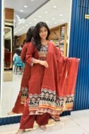 Premium Cotton Printed Anarkali Kurta Set with Dupatta – Rust Brown
