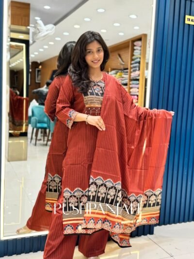 Premium Cotton Printed Anarkali Kurta Set with Dupatta – Rust Brown