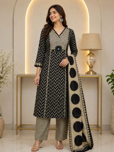 Premium Black and Beige Geometric Print Cotton Straight Kurta Pant Set with Dupatta for Women
