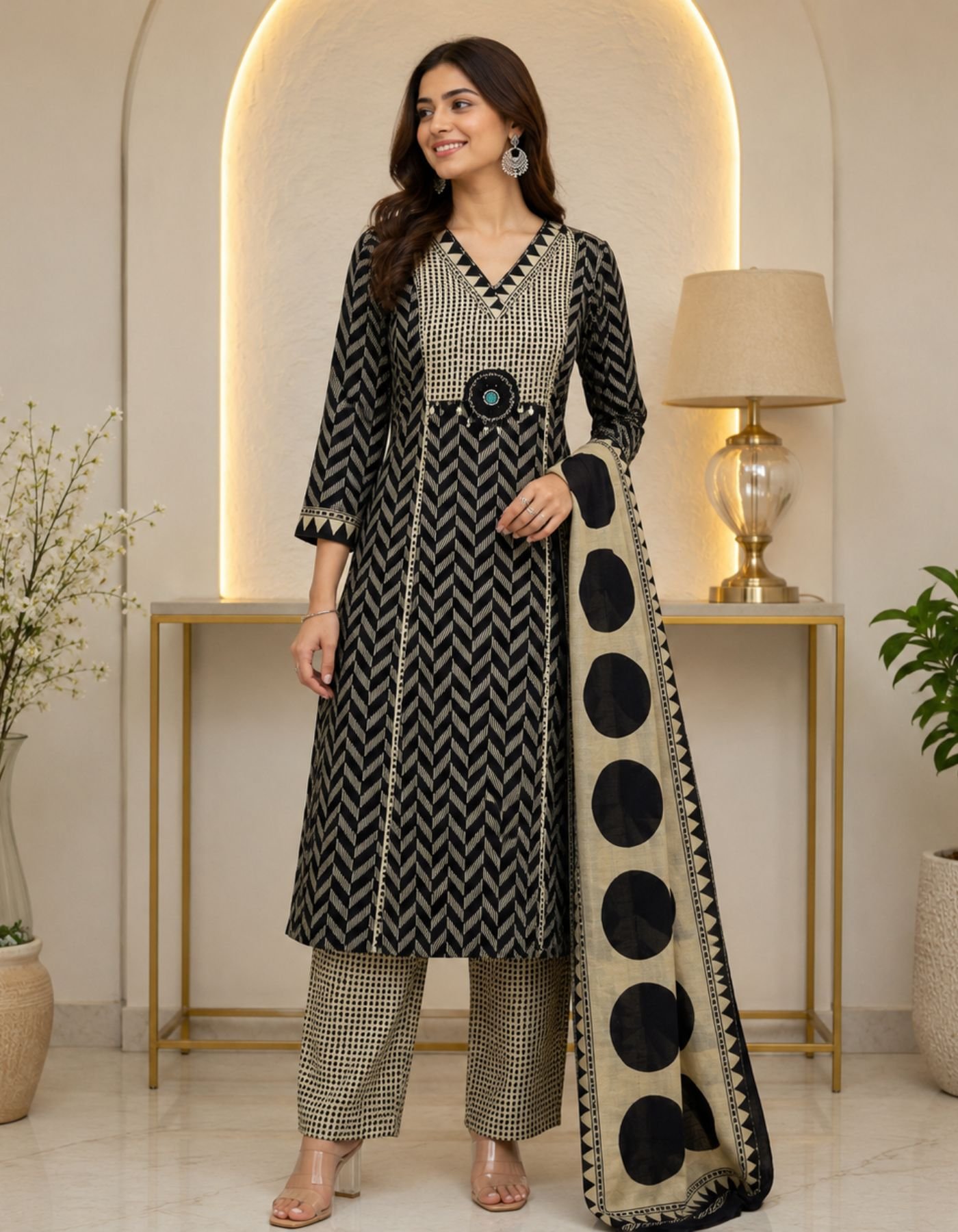 Premium Black and Beige Geometric Print Cotton Straight Kurta Pant Set with Dupatta for Women