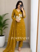 Premium Mustard Yellow Floral Applique Cotton Straight Kurta Pant Set with Dupatta for Women