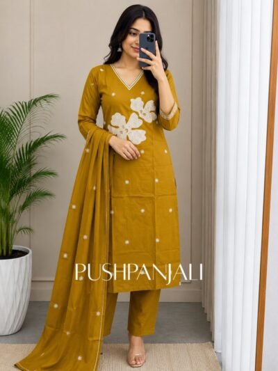 Premium Mustard Yellow Floral Applique Cotton Straight Kurta Pant Set with Dupatta for Women
