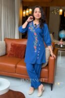 Premium Cotton Embroidered Angrakha Co-Ord Set – Indigo Blue