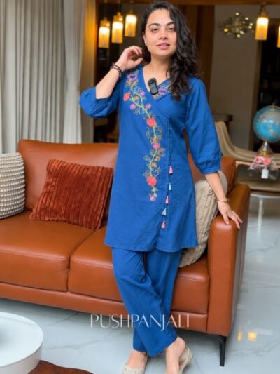 Premium Cotton Embroidered Angrakha Co-Ord Set – Indigo Blue