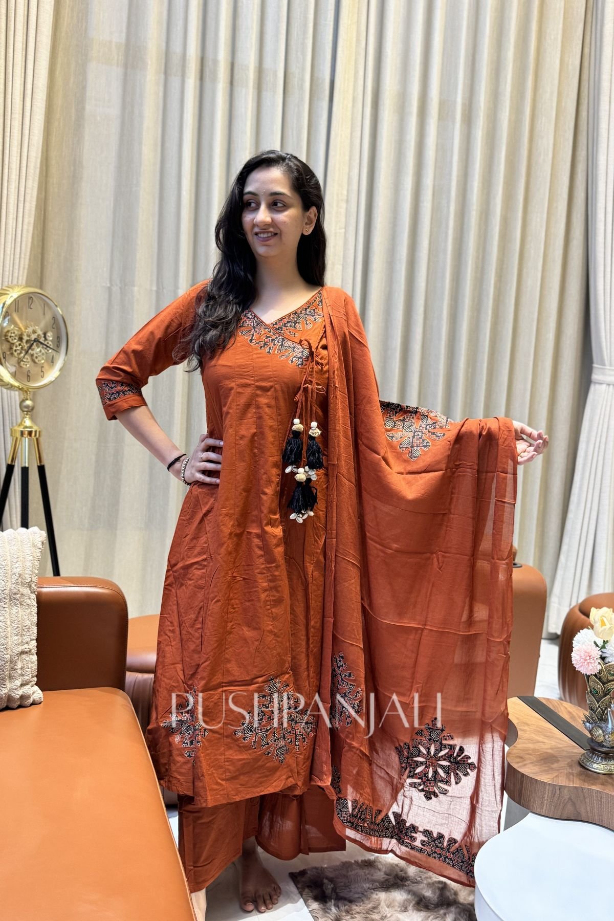 Premium Rust Orange Cotton Angrakha Kurta Pant Set with Dupatta for Women - Image 2