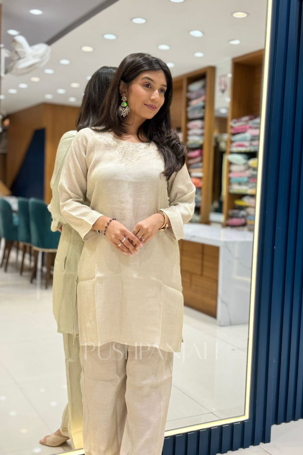 Women's Cream Embroidered Kurta Pant Set - Image 2